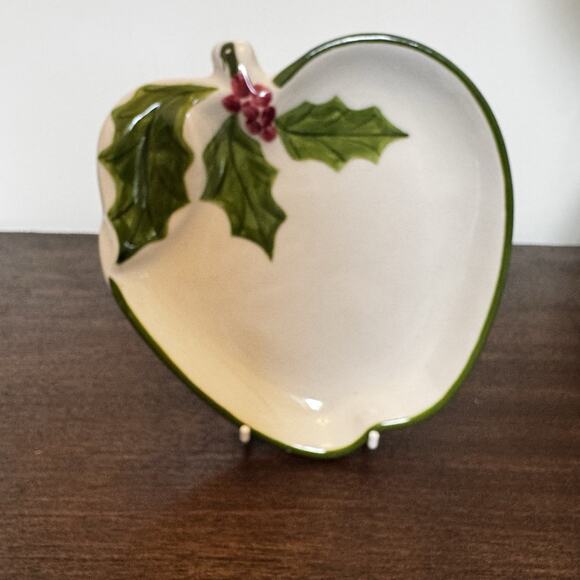 VTG Christmas Holly Apple Shaped Plate N.S. Gustin Co Nut Candy Trinket Dish USA - Picture 2 of 13